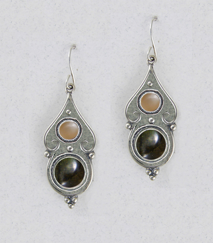 Sterling Silver Gothic Look With Spectrolite And Peach Gemstone Drop Dangle Earrings